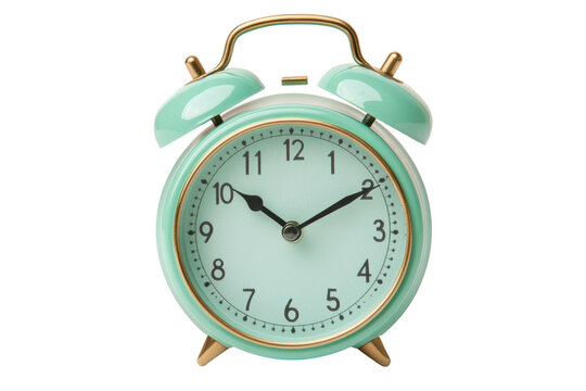 Vintage mint green analog alarm clock showing 10:10 with brass accents, cut out