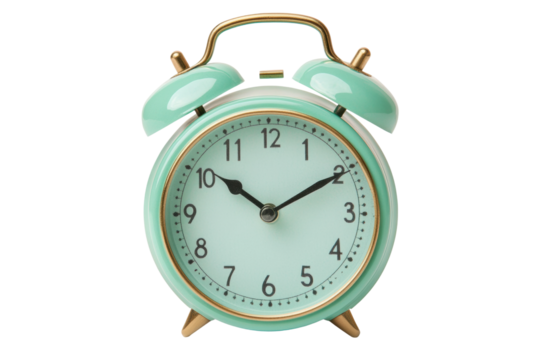 Vintage mint green analog alarm clock showing 10:10 with brass accents, cut out