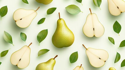   A group of pears and green leaves on a white background with a repeating pattern