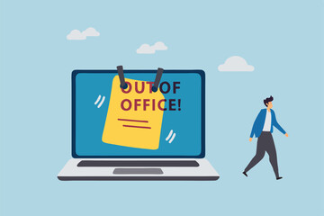 Out of office notice message, vacation or holiday leave sticky on laptop, note or summer break announcement, email notification concept, businessman leave out of office message on computer laptop.