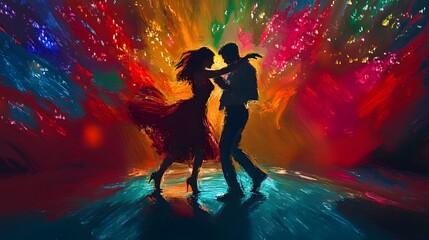 Naklejka premium Couple dances passionately in a vibrant swirl of colors during an evening celebration