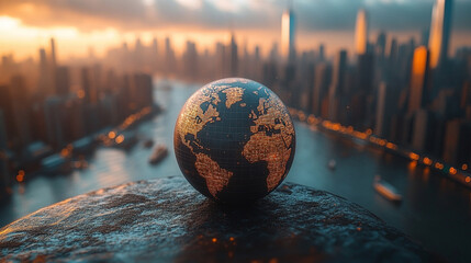 A 3D rendering of a globe centered over a cityscape, symbolizing global expansion, connectivity, and modern growth, highlighting the integration of urban development and global reach.

