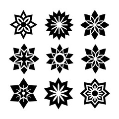 Geometric Harmony: A captivating collection of abstract floral patterns and stylized starburst designs, meticulously crafted in a striking black and white graphic.