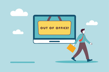 Out of office notice message, vacation or holiday leave sticky on laptop, note or summer break announcement, email notification concept, businessman leave out of office message on computer laptop.