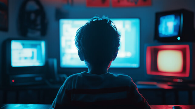 Silhouette of a child watching multiple screens unprotected child online concept in cold blue and red lighting