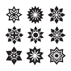 Geometric Blooms: Nine striking black and white floral designs, offering a study in symmetry and form, ideal for design projects requiring a touch of elegance.