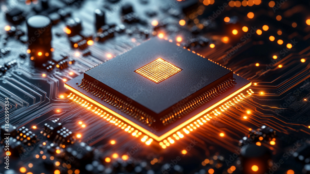 Poster microchip at the center, encircled by dynamic, glowing data streams, symbolizing technological progr