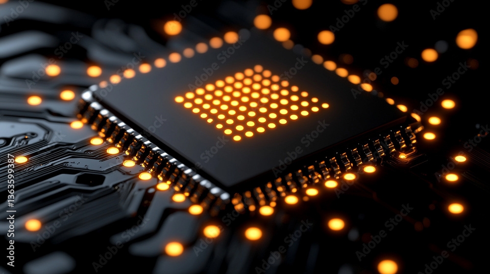 Poster microchip at the center, encircled by dynamic, glowing data streams, symbolizing technological progr