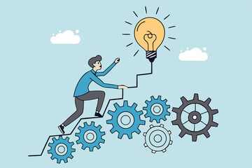 Best practices development, strategy to success or improvement, planning, progress or implementation process, efficiency or productivity concept, businessman running up stair on cogwheel gears system.