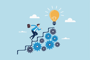 Best practices development, strategy to success or improvement, planning, progress or implementation process, efficiency or productivity concept, businessman running up stair on cogwheel gears system.