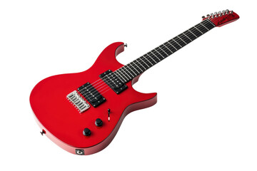 Red electric guitar with black pickups and maple neck, cut out