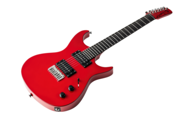 Red electric guitar with black pickups and maple neck, cut out