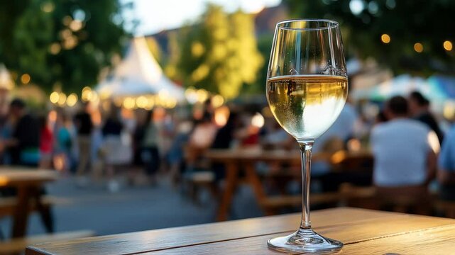 White wine glass on wooden table at rhenish weinfest celebrating the region s wine culture