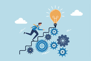 Best practices development, strategy to success or improvement, planning, progress or implementation process, efficiency or productivity concept, businessman running up stair on cogwheel gears system.