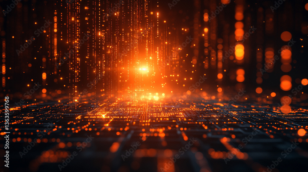 Poster microchip at the center, encircled by dynamic, glowing data streams, symbolizing technological progr