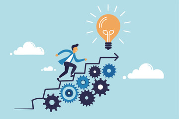 Best practices development, strategy to success or improvement, planning, progress or implementation process, efficiency or productivity concept, businessman running up stair on cogwheel gears system.