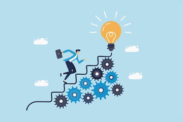 Best practices development, strategy to success or improvement, planning, progress or implementation process, efficiency or productivity concept, businessman running up stair on cogwheel gears system.