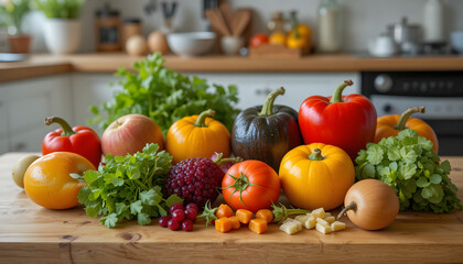 Fresh fruits and vegetables on wooden cutting board in kitchen, copy space