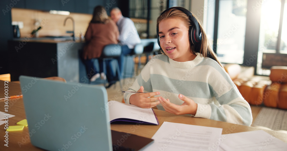 Poster virtual class, answer and child in home on laptop for online learning, education and lesson on websi