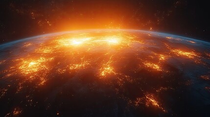 A glowing planet seen from space with a fiery sunrise