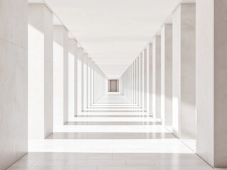 Fototapeta premium White Corridor with Symmetrical Pillars – Bright and Modern Architectural Background