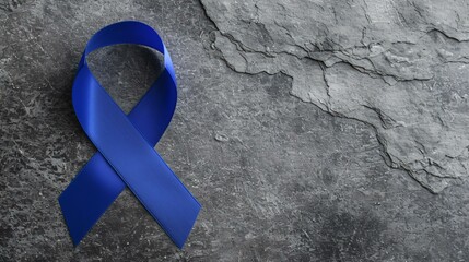 Blue bowel cancer ribbon on a textured stone background, symbolizing strength and resilience, ultra-detailed sharp textures, high-resolution concept