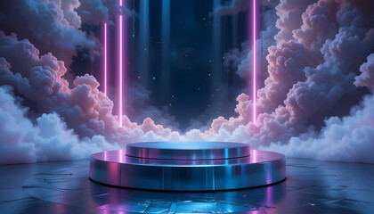 Stone pedestal podium on bright cosmic background with fiery flashes, clouds, nebulae stars and energy. Round rock platform on futuristic display for product presentations. Abstract fantastic mockup