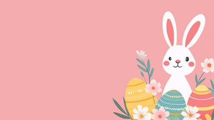 Fototapeta premium Adorable Easter Bunny with Colorful Eggs and Spring Flowers on Pink Background