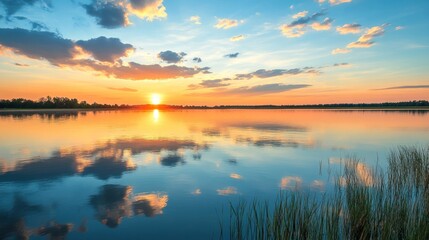 A tranquil lake reflecting the colors of the setting sun, surrounded by countryside --ar 16:9 --v 6.1 Job ID: e0ca185c-75b7-405f-a87c-ebf8da8ca65e