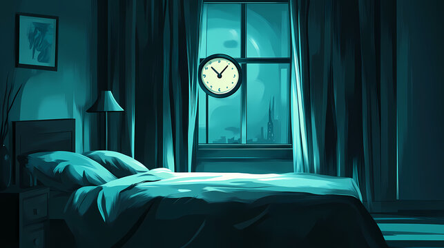 Clock strikes pm, signaling bedtime, promoting a peaceful sleep schedule amidst calm darkness. Hushed Awakening. Illustration