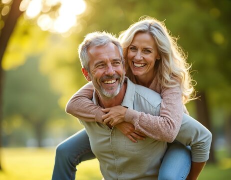 Mature man gives piggyback ride to woman in sunny park. Cheerful senior couple laughing, enjoying life together. Happy relationship, genuine affection, freedom. Senior couple having fun outdoors.
