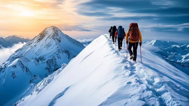 Group of three hikers ascending a snow covered mountain peak with two additional mountaineers
