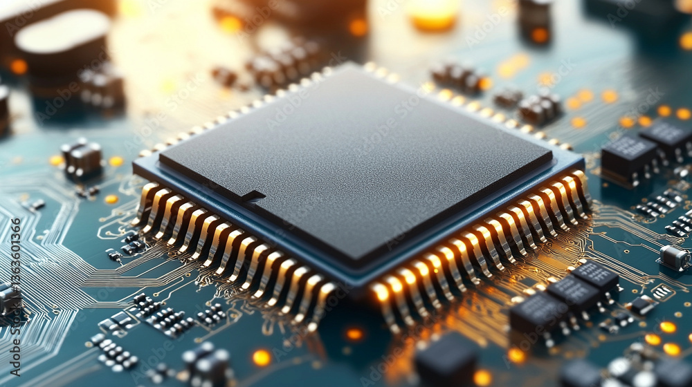 Poster microchip at the center, encircled by dynamic, glowing data streams, symbolizing technological progr