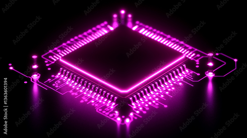 Poster microchip at the center, encircled by dynamic, glowing data streams, symbolizing technological progr