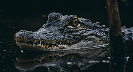 Fototapeta premium Alligator lurking in dark waters with menacing stare, reflecting the unseen swamp's depths