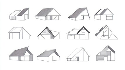 House roof designs, architectural sketches, white background, planning