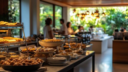 Fototapeta premium Freshly Baked Pastries and Desserts in a Modern Café Setting