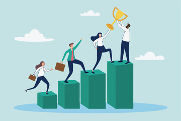 Team growth, growing business success, employee engagement, career progress, achievement or challenge, corporate ladder, motivation to win together concept, business people climb up growth graph.