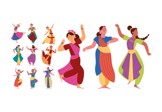 Colorful Indian Traditional Dance Woman Movement Illustration Set