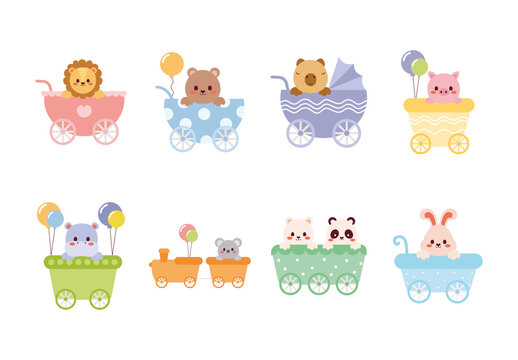 Pastel Baby Animal Carriage Cute Festive Illustration Set