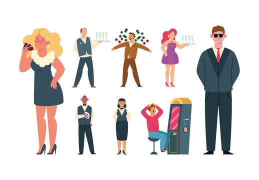 Colorful Casino Player Waiter Security Gambling Characters Set