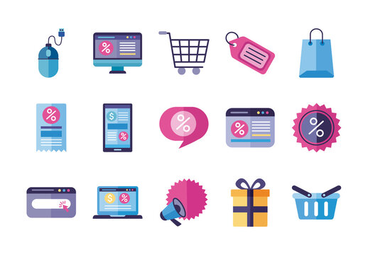 Purple Blue Digital Sale Cart Gift Tag Icons Set