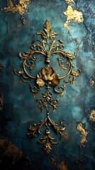 Ornate Gold Floral Design on Textured Teal Background with Aged Gold Leaf Accents

