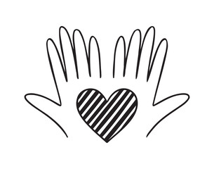 heart in palms of hands doodle hand drawn icon. Love Relationship concept outline drawing hands and heart line clipart symbol