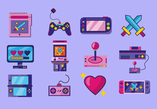 Purple Yellow Gaming Controller Devices Elements Icons Set