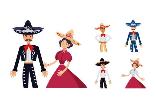 Traditional Mexican Charros Costume Culture People Illustration Set