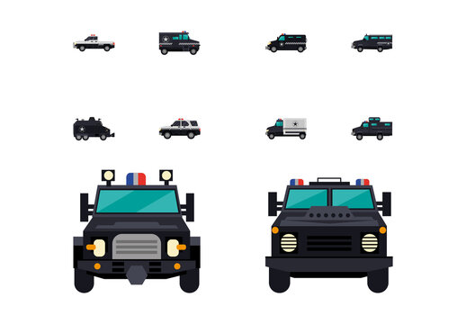 Black Blue Police Vehicles Transport Emergency Icons Set