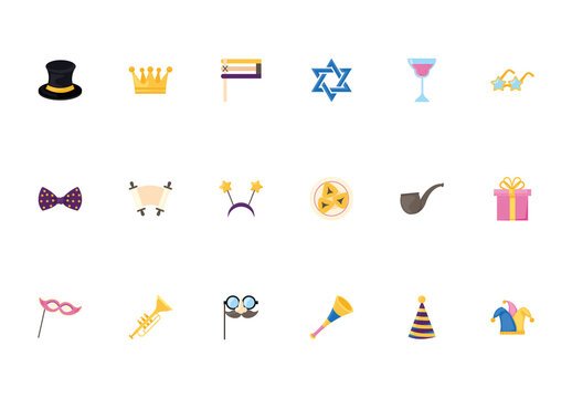 Purple Yellow Purim Celebration Jewish Festival Icons Set