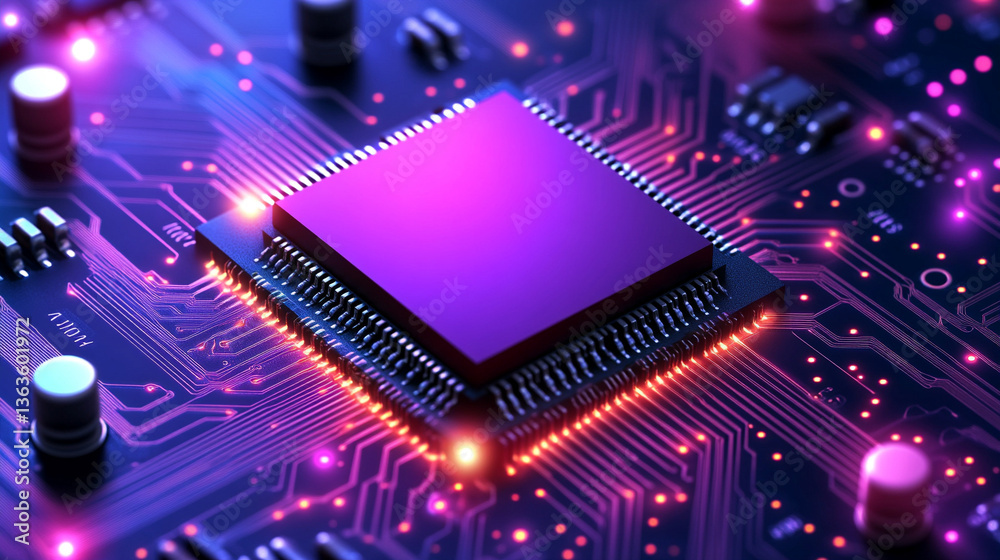 Poster microchip at the center, encircled by dynamic, glowing data streams, symbolizing technological progr