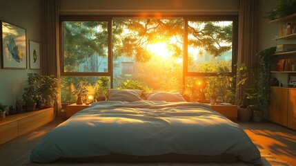 Sunrise illuminates a cozy bedroom with large windows, plants, and a comfortable bed.